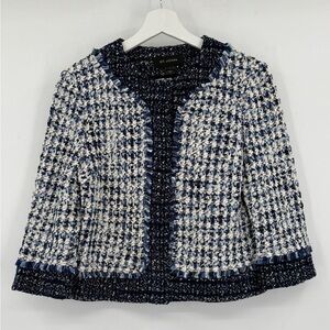 St. John Midnight Blue & White Tweed Fringe Cropped Jacket